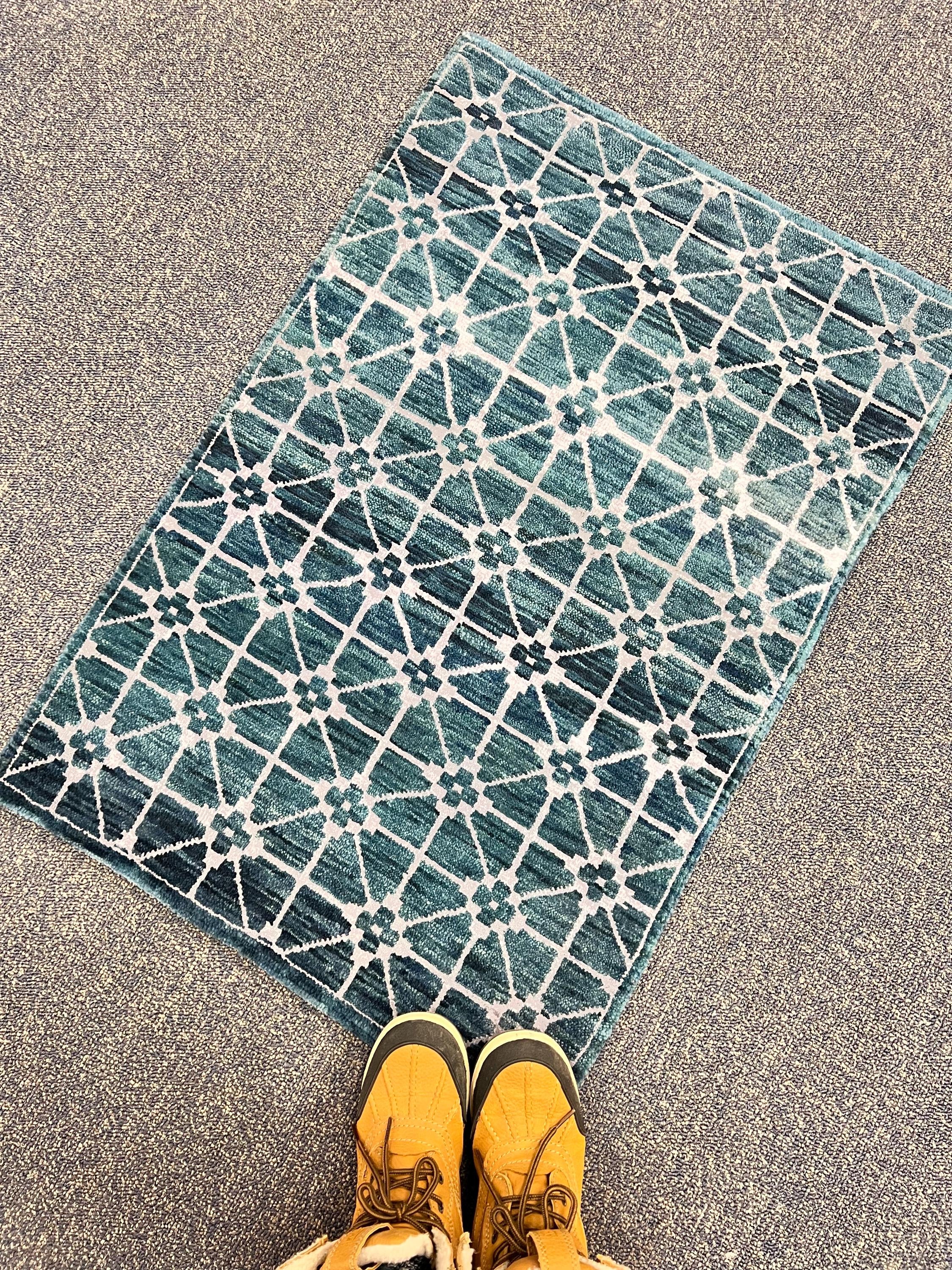 2’x3’Hand Knotted Teal Rug, Wool and Silk Small Area Rug, Modern Geometric Entryway Decor, Handmade Heirloom Rug| Contemporary Accent Rug