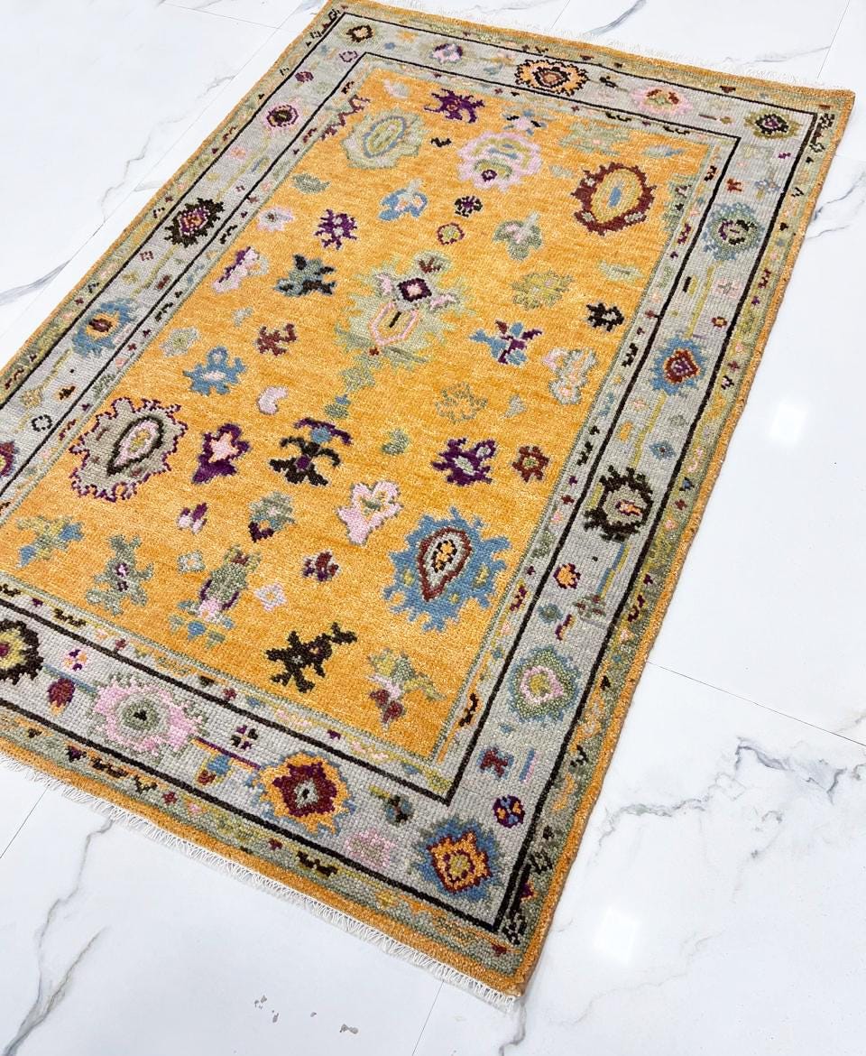 Gold & Amber Handmade Oushak Rug -Transitional Turkish Design