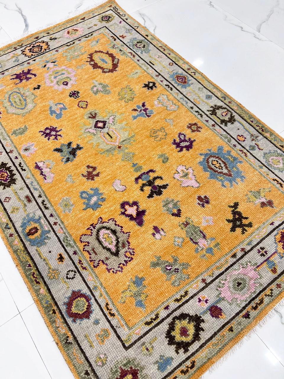 Gold & Amber Handmade Oushak Rug -Transitional Turkish Design