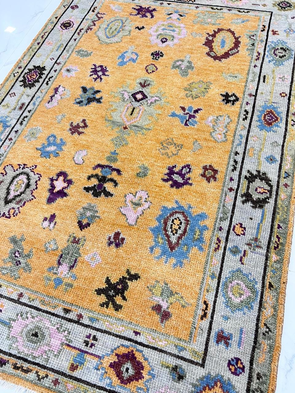 Gold & Amber Handmade Oushak Rug -Transitional Turkish Design