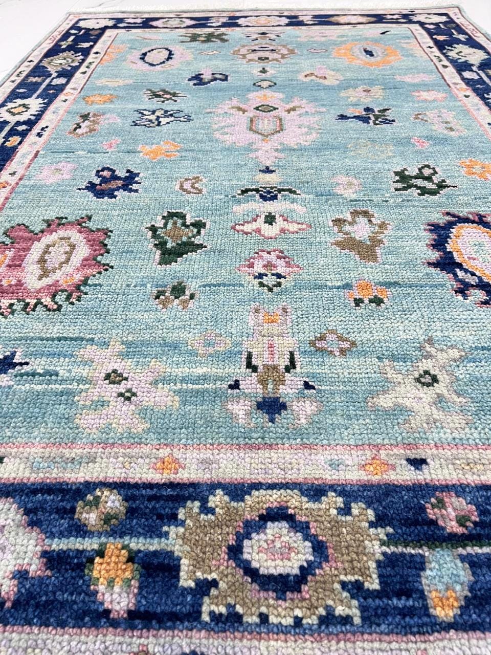 Hand Knotted Turquoise & Navy Blue Oushak Wool Rug