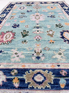 Hand Knotted Turquoise & Navy Blue Oushak Wool Rug