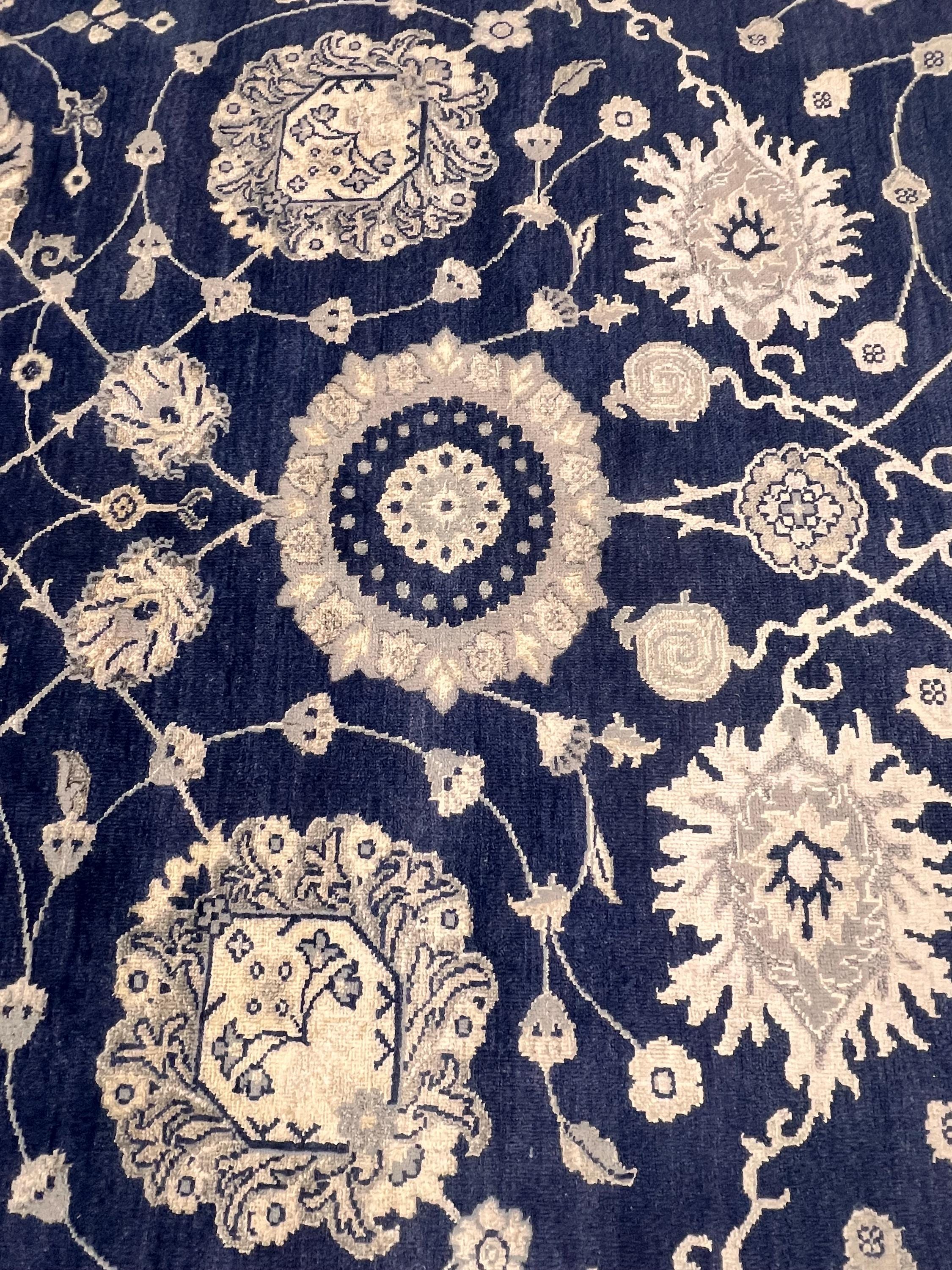 Hand knotted 8x10 9x12 10x14 floral Navy Blue wool Rug