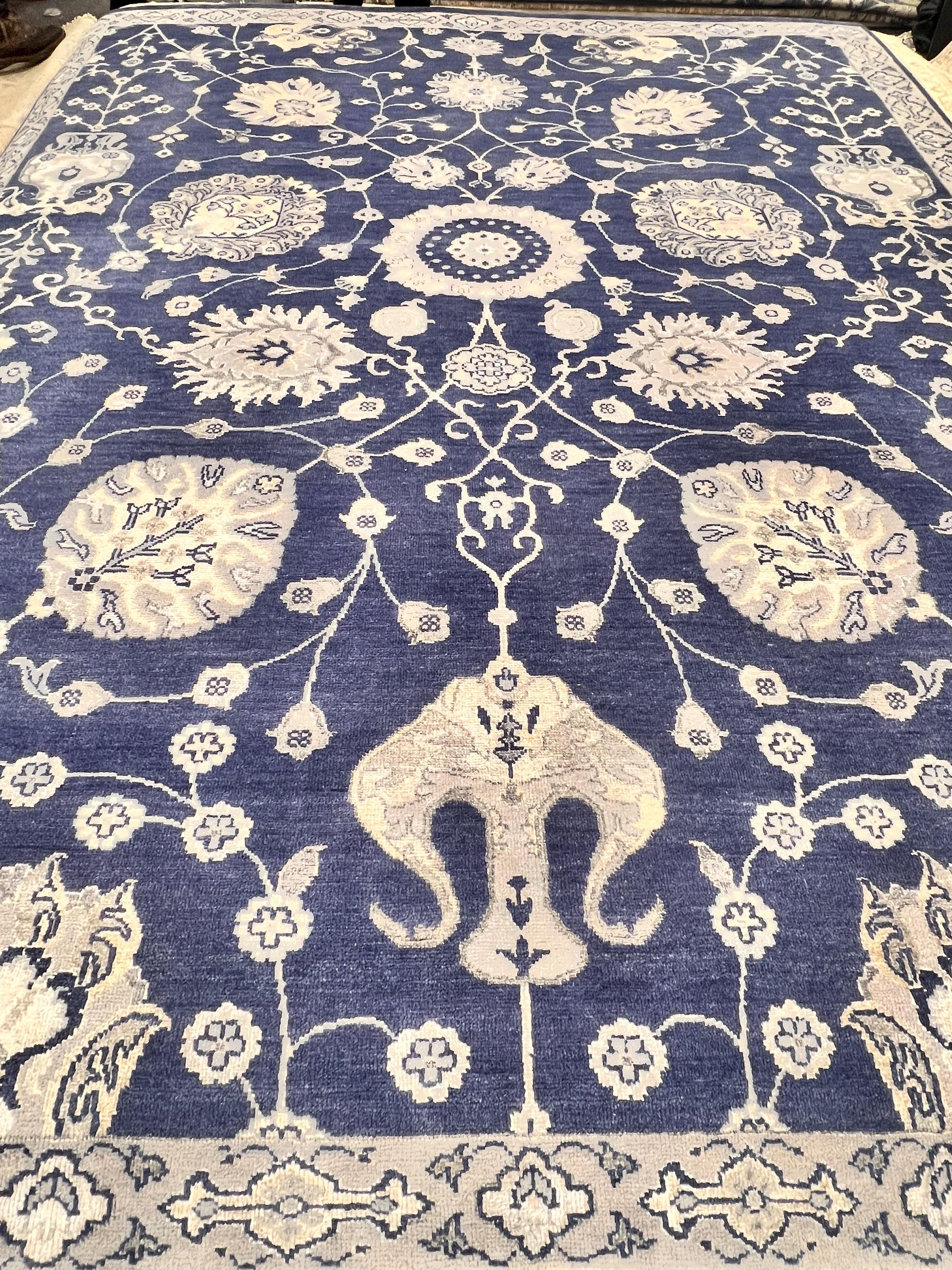 Hand knotted 8x10 9x12 10x14 floral Navy Blue wool Rug