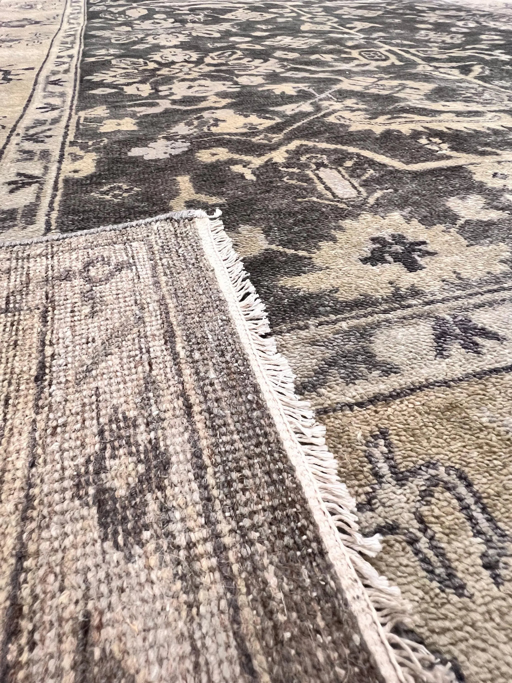 8x10 ft Vintage Charcoal & Sage Hand-Knotted Oushak Wool Rug