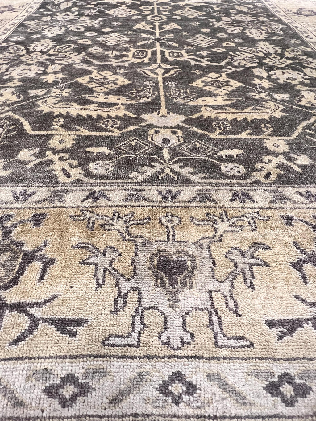 8x10 ft Vintage Charcoal & Sage Hand-Knotted Oushak Wool Rug