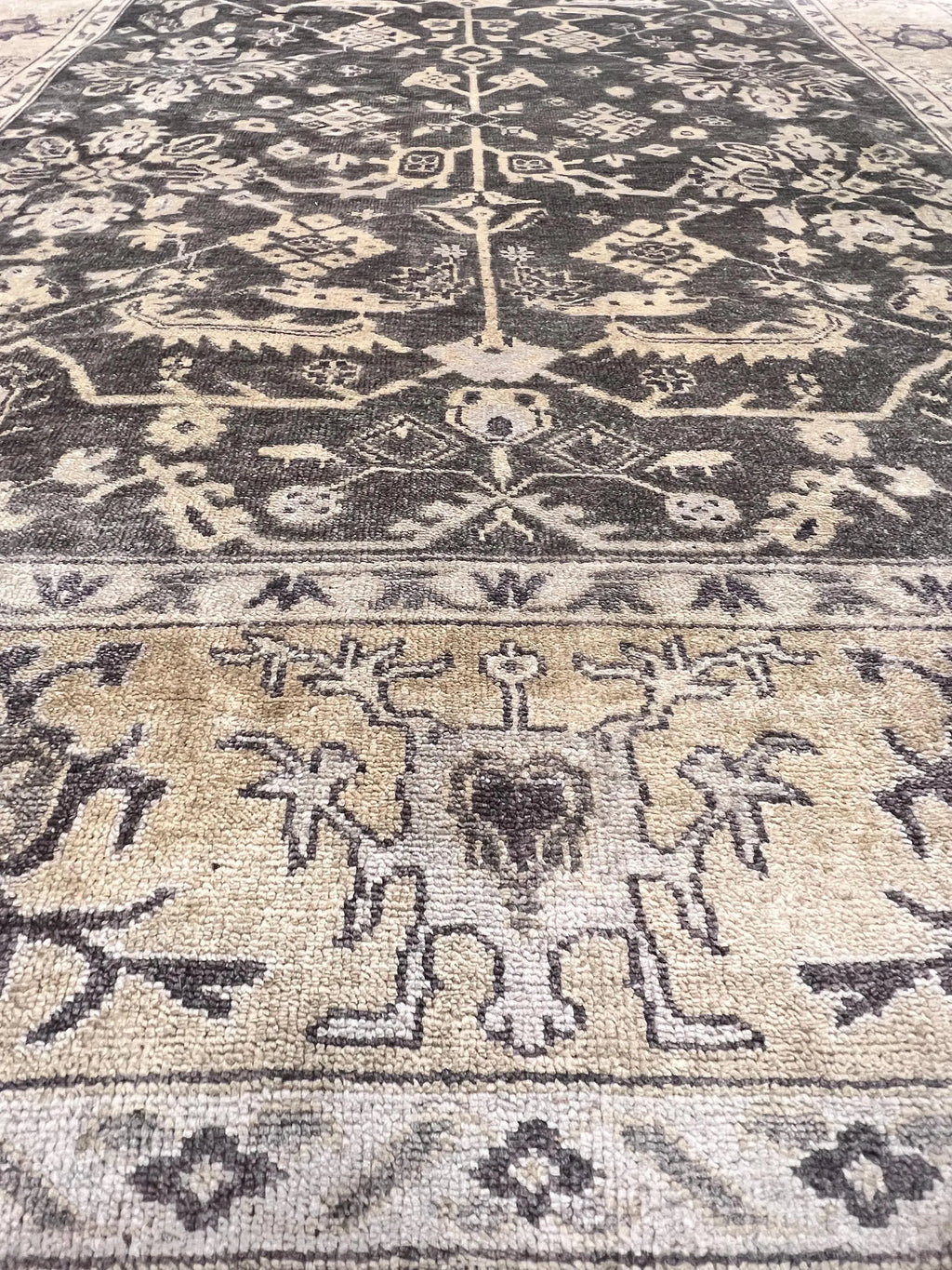 8x10 ft Vintage Charcoal & Sage Hand-Knotted Oushak Wool Rug