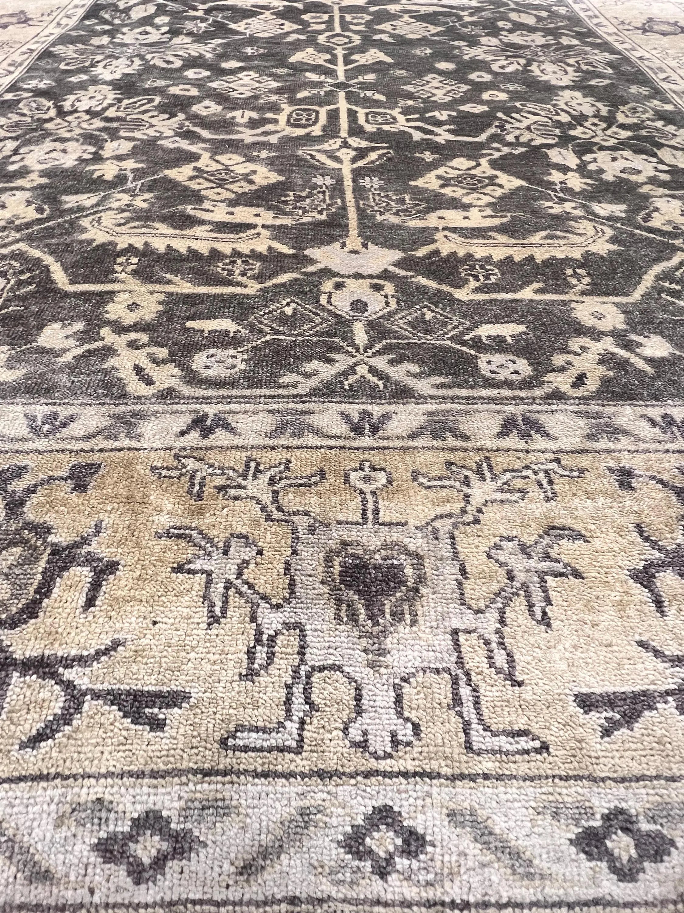 8x10 ft Vintage Charcoal & Sage Hand-Knotted Oushak Wool Rug