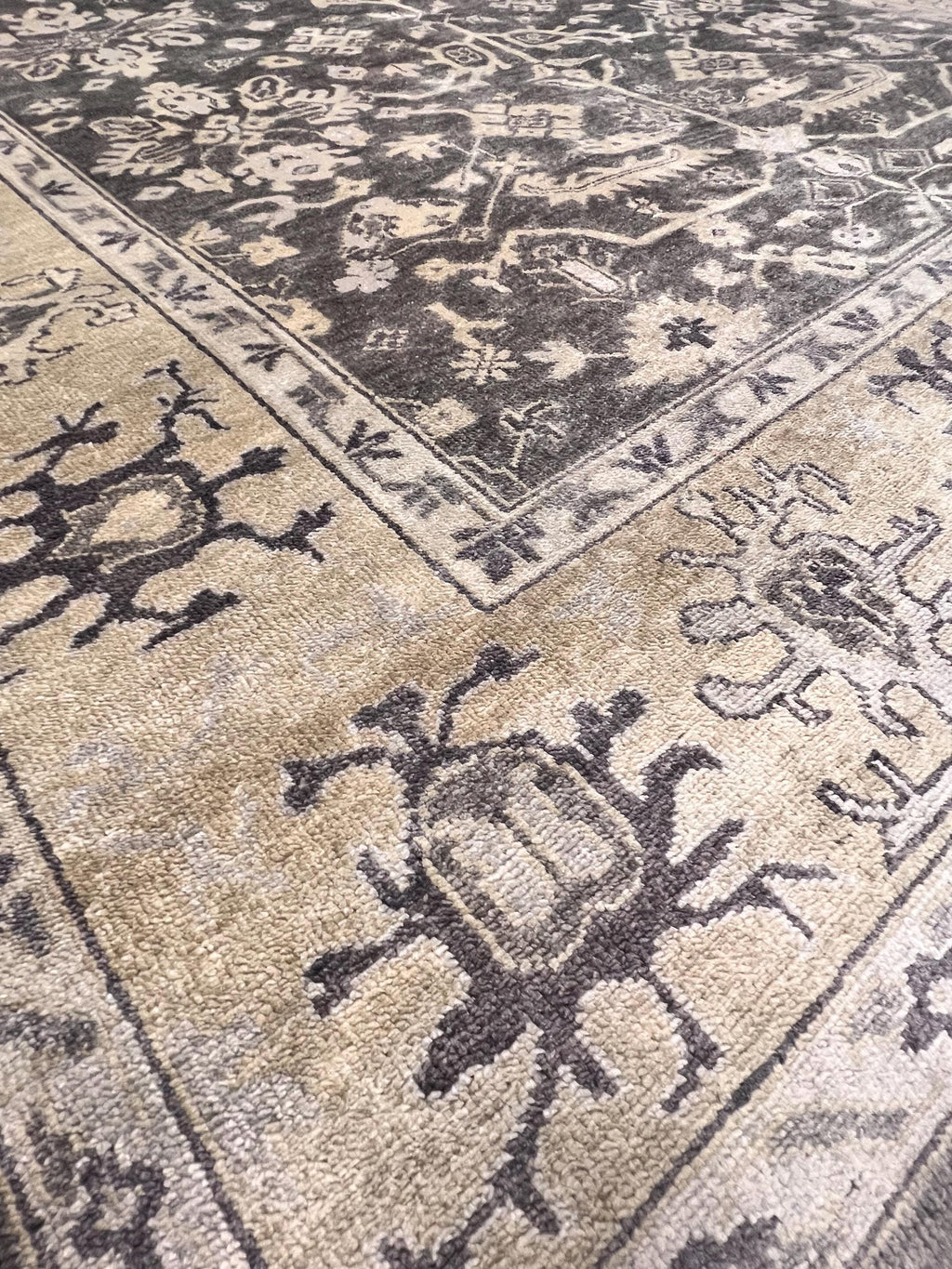 8x10 ft Vintage Charcoal & Sage Hand-Knotted Oushak Wool Rug