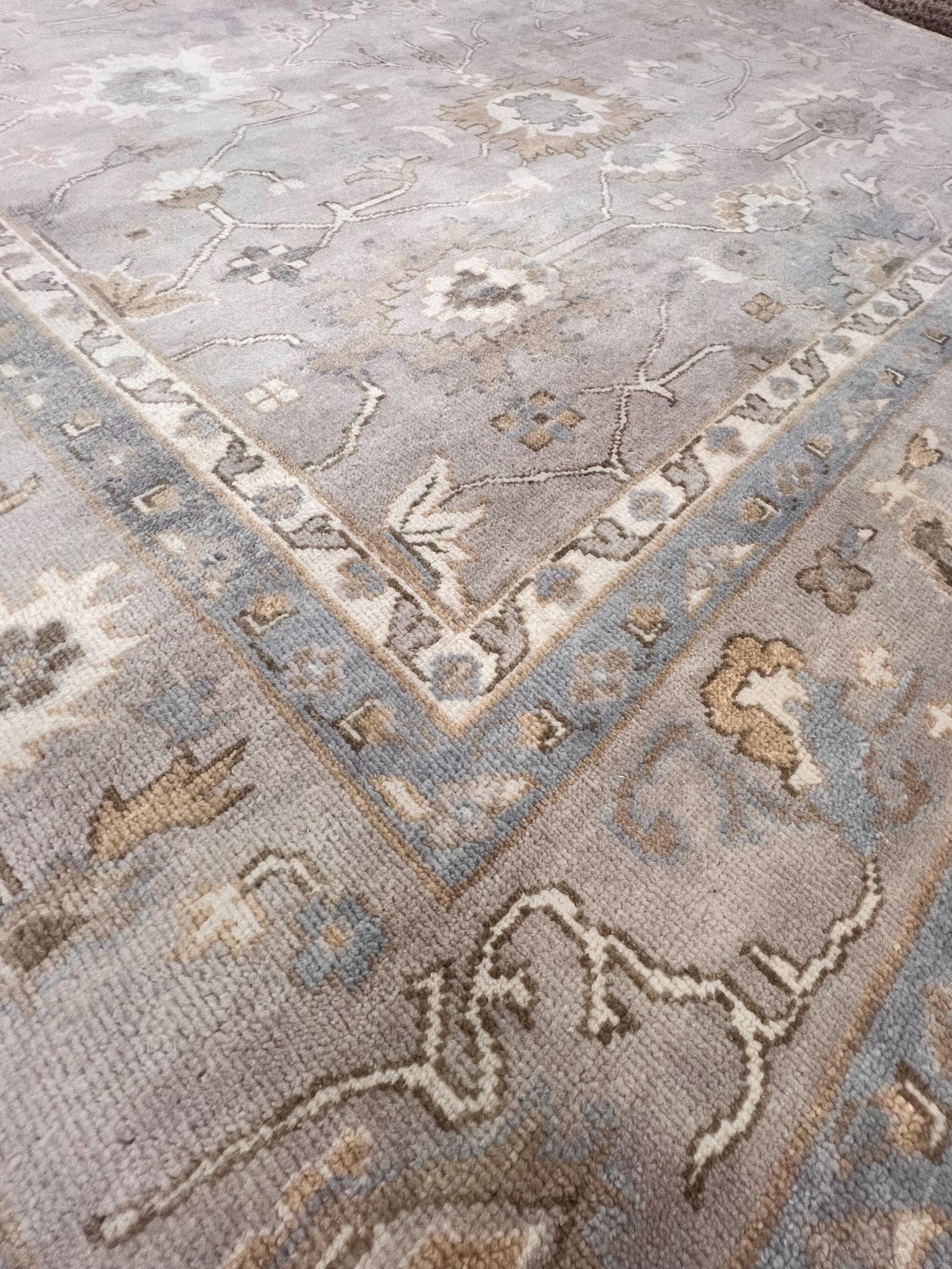 High-End 8x10 ft Hand-Knotted Wool Oushak Rug - Muted Gray & Beige