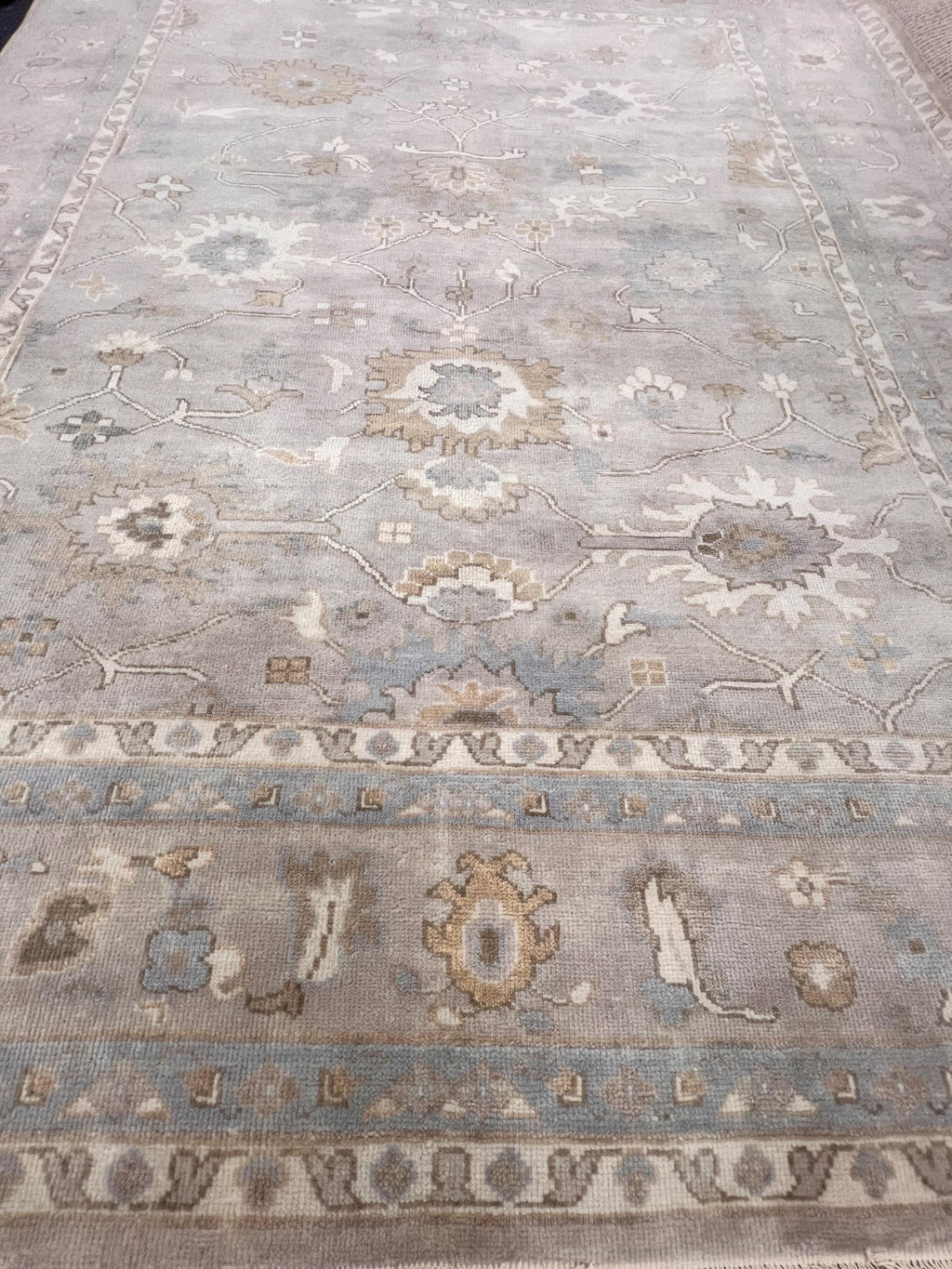 High-End 8x10 ft Hand-Knotted Wool Oushak Rug - Muted Gray & Beige
