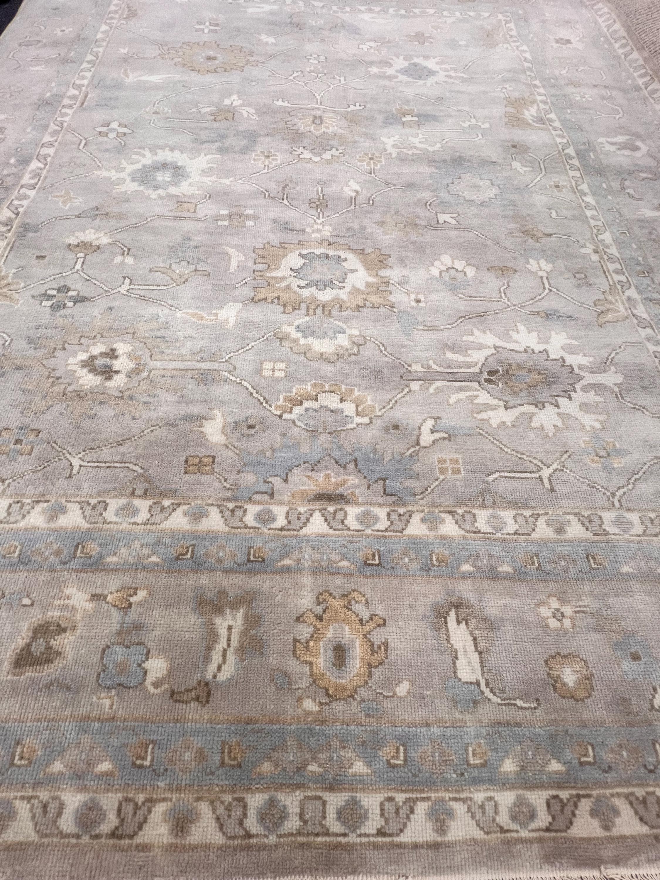High-End 8x10 ft Hand-Knotted Wool Oushak Rug - Muted Gray & Beige