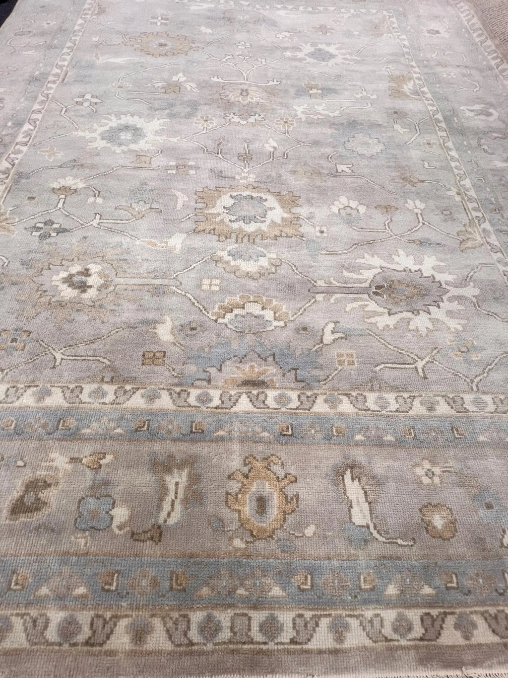 High-End 8x10 ft Hand-Knotted Wool Oushak Rug - Muted Gray & Beige