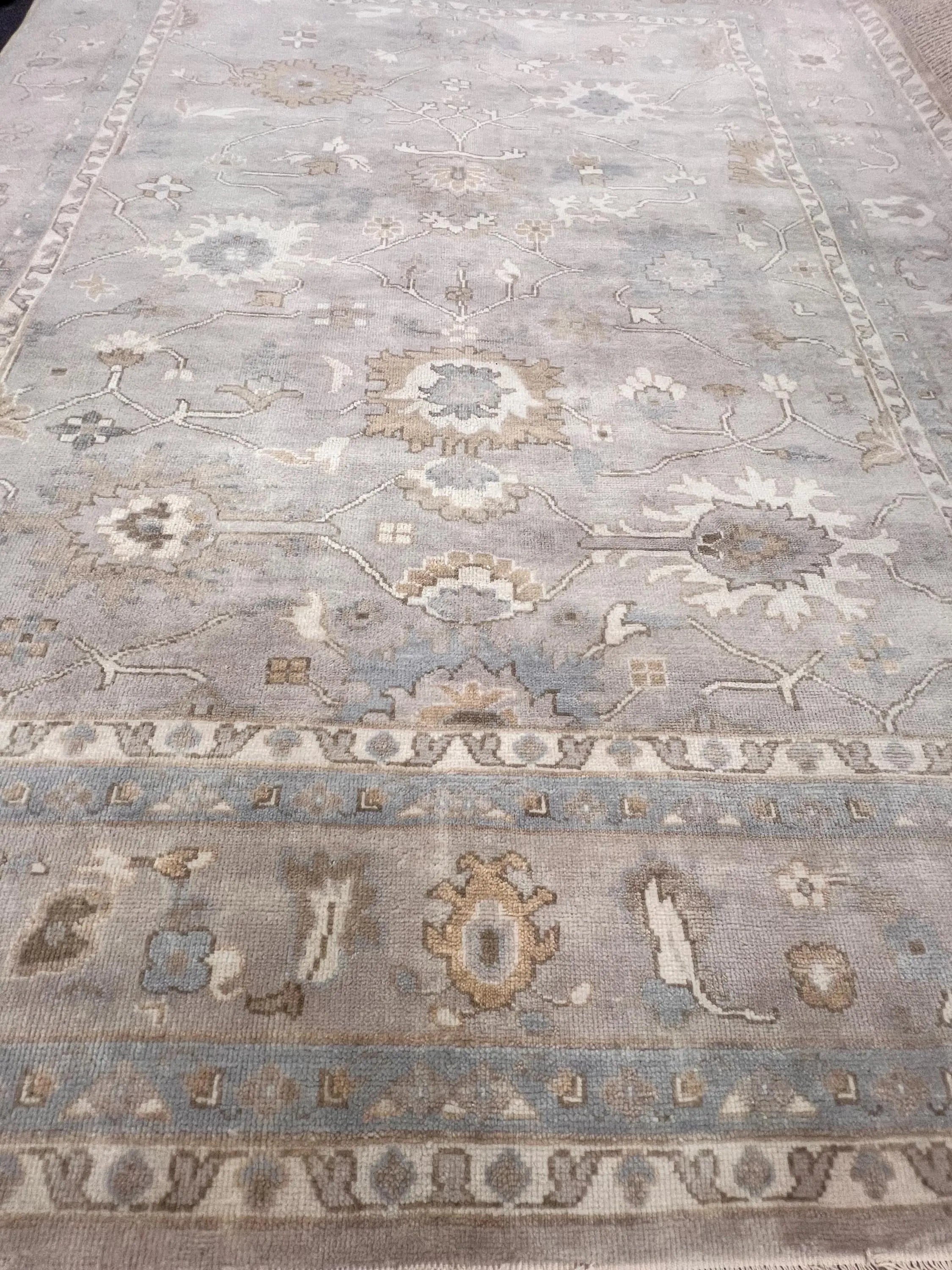 High-End 8x10 ft Hand-Knotted Wool Oushak Rug - Muted Gray & Beige