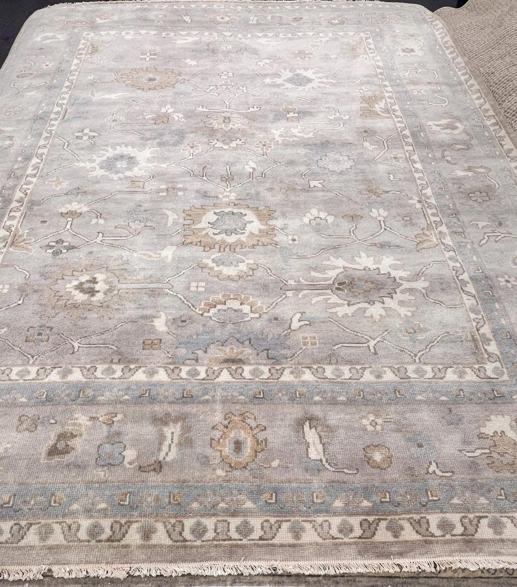 High-End 8x10 ft Hand-Knotted Wool Oushak Rug - Muted Gray & Beige