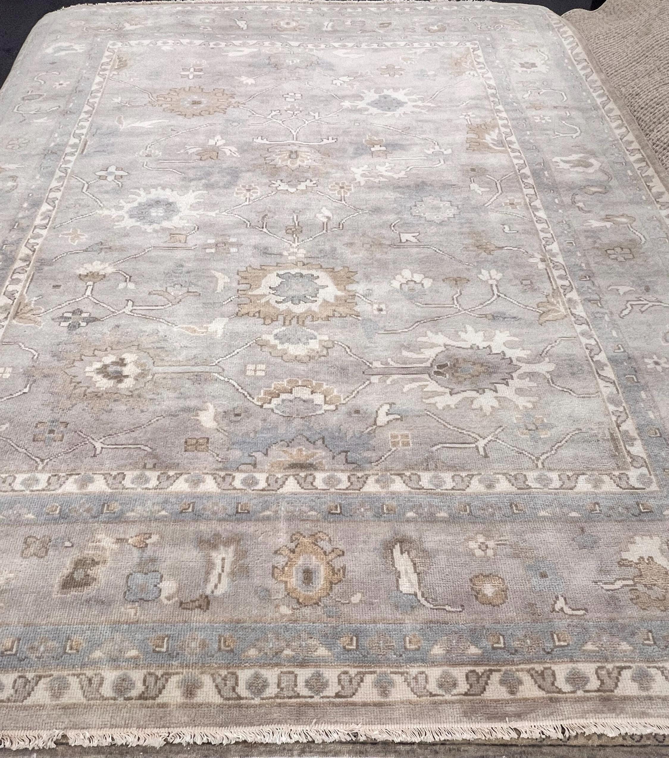 High-End 8x10 ft Hand-Knotted Wool Oushak Rug - Muted Gray & Beige