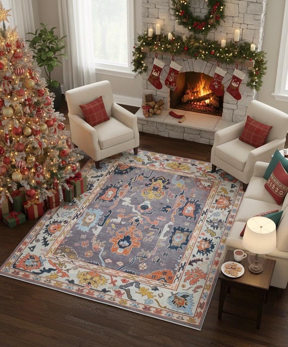 Hand-Knotted Oushak Wool Rug - Modern Transitional Floral Area Rug