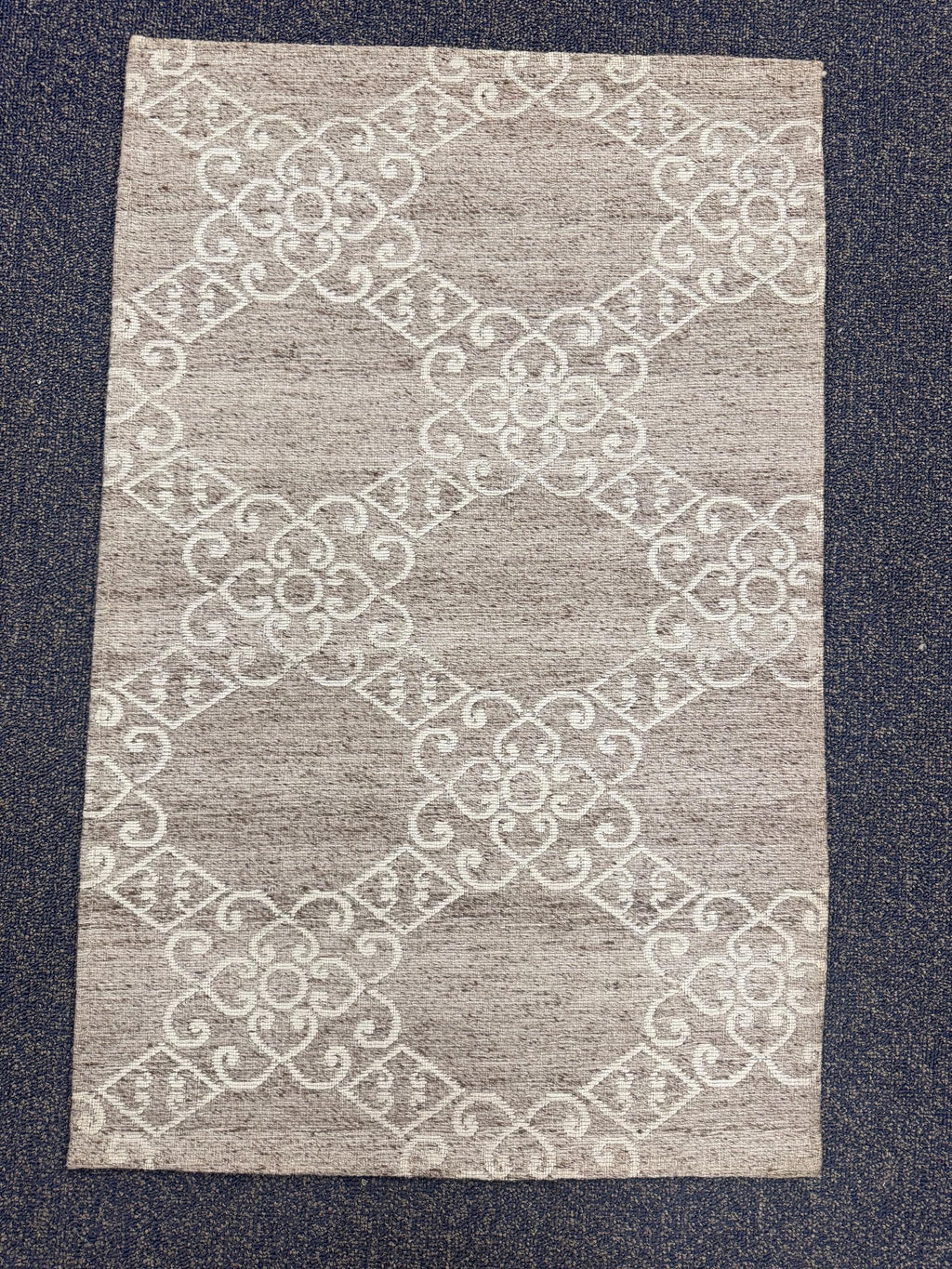 2x3 Flatweave Area Rug | Grey Ivory Ornamental Pattern Doormat | Handwoven Accent Mat | Entryway Kitchen Small Rug | Minimalist dootmat