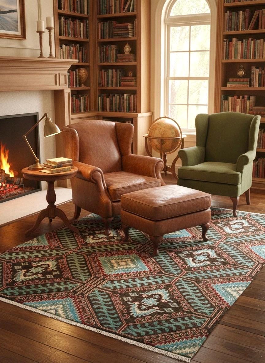 Traditional Navajo Pattern Wool Rug - Handmade Southwestern 8x10 Area Rug - Rust Indigo Black Tribal Weave - Heirloom Quality livingroom rug
