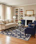 8x10, 9x12 Hand-Knotted Wool Area Rug, Traditional Design Navy Blue & Cream Handmade Transitional Rug for Living Room, Bedroom