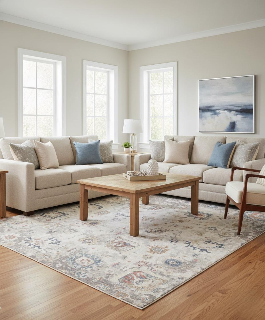 Hand-Knotted Wool Rug 8x10, 9x12, 10x14 Transitional Multicolor Beige & Muted Blue floral motifs Handmade Area Rug for Living Room, Bedroom