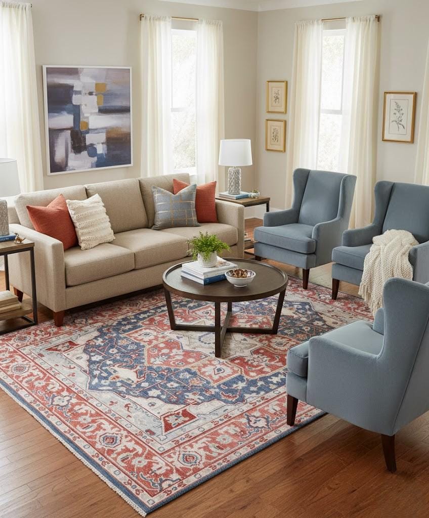 9x12 ft Blue, Rust & Ivory Traditional Floral Oriental Area Rug