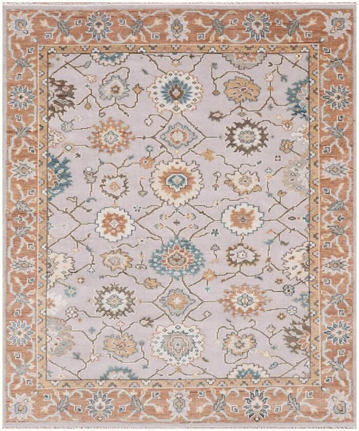 8x10 Hand-Knotted Wool Rug- Orange, Soft Sage, Terracotta & Silver Grey Pastel