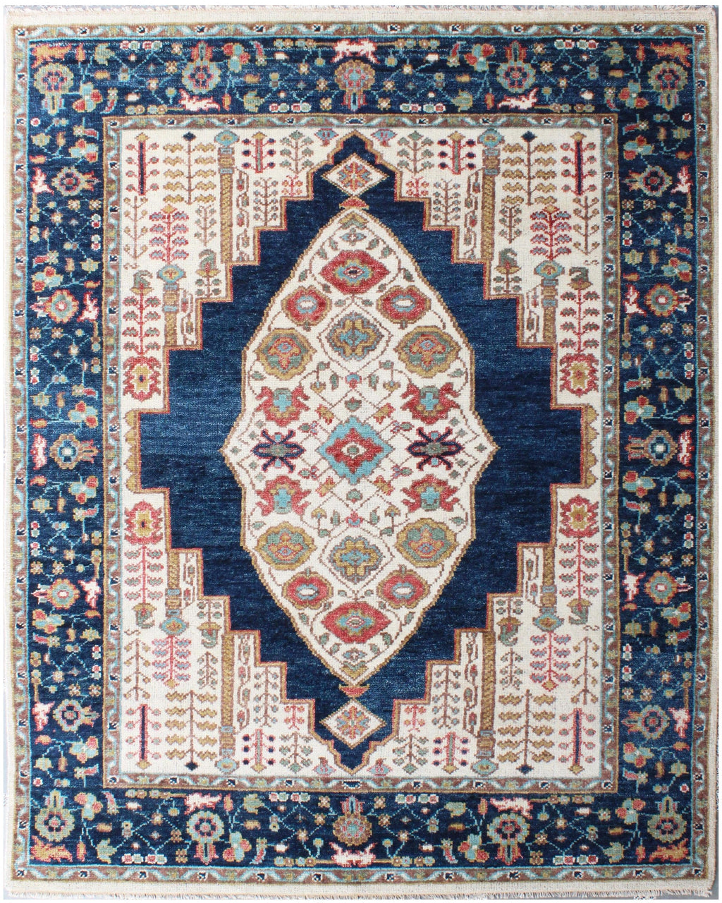 8x10 ft Hand-Knotted Blue & Cream Transitional Medallion Wool Rug