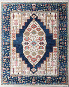 8x10 ft Hand-Knotted Blue & Cream Transitional Medallion Wool Rug