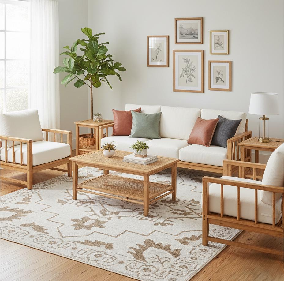 8x10 Hand-Knotted Wool Rug, Ivory & Brown Tribal Geometric Area Rug, High-Low Textured Pile - Modern Organic Soft Carpet for Living Room