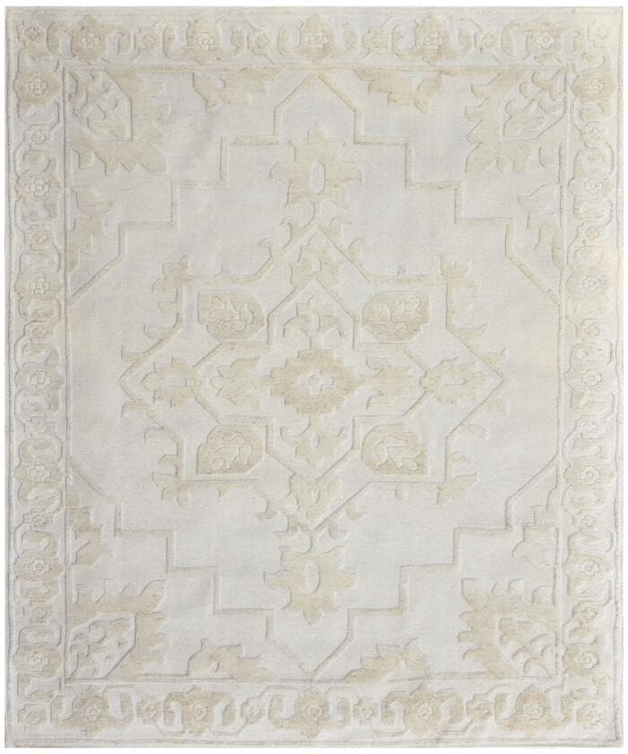 8x10 Hand-Knotted Wool Rug, Monochrome Ivory Tribal Geometric Area Rug, High-Low Textured Pile - Modern Organic Soft Carpet for Living Room