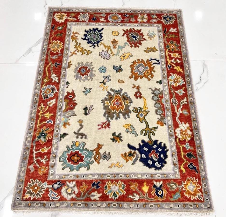 Ivory Red Oushak style Hand Knotted Rug - 4x6, 5x8, 6x9, 8x10, 9x12, 10x14 Handmade Contemporary Rug for Living Room made to order
