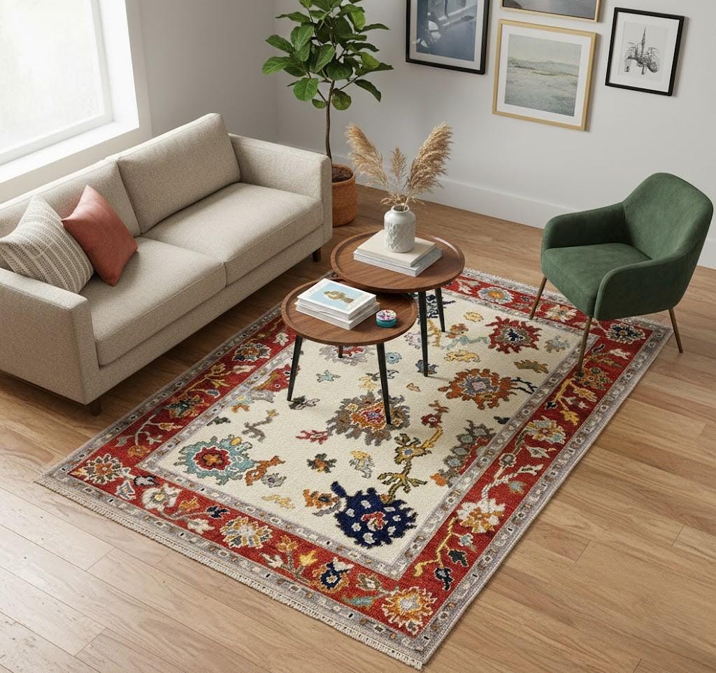 Ivory Red Oushak style Hand Knotted Rug - 4x6, 5x8, 6x9, 8x10, 9x12, 10x14 Handmade Contemporary Rug for Living Room made to order