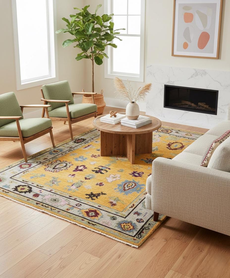 Gold & Amber Handmade Oushak Rug -Transitional Turkish Design