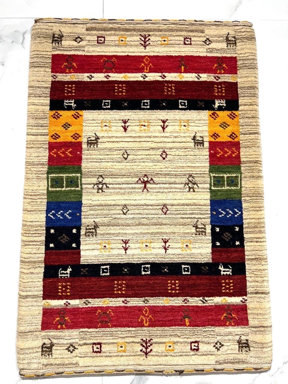 2x3 ft Colorful yellow, green, blue, brown Gabbeh Rug -Hand-Knotted Wool- Modern Tribal Bath Mats or Entryway Rugs Christmas Rug/Gift