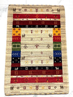 2x3 ft Colorful yellow, green, blue, brown Gabbeh Rug -Hand-Knotted Wool- Modern Tribal Bath Mats or Entryway Rugs Christmas Rug/Gift