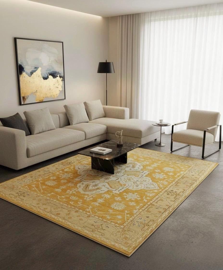 Timeless traditional 8X10 9x12 Gold ivory Oushak hand knotted Turkish area rug for living room, bedroom, dining room, study, family room