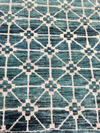 2’x3’Hand Knotted Teal Rug, Wool and Silk Small Area Rug, Modern Geometric Entryway Decor, Handmade Heirloom Rug| Contemporary Accent Rug