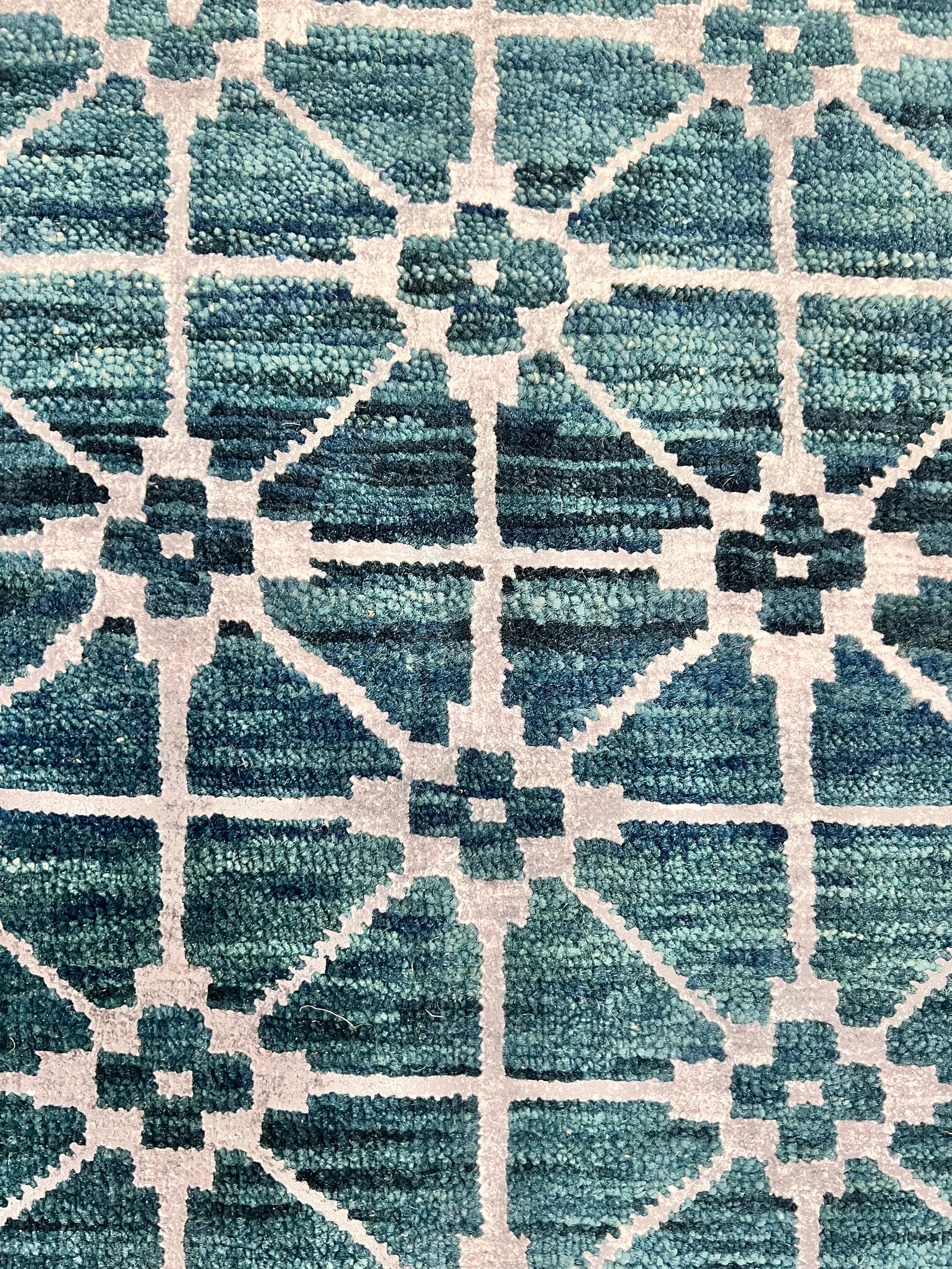 2’x3’Hand Knotted Teal Rug, Wool and Silk Small Area Rug, Modern Geometric Entryway Decor, Handmade Heirloom Rug| Contemporary Accent Rug