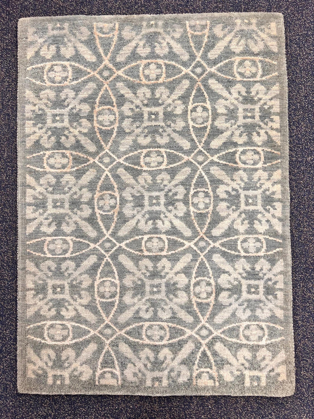 2x3 Hand-Knotted Wool & Silk Rug, Luxury Light Blue Circle Pattern Accent Mat, Grayish Blue Modern Small Rug for bedside, doormat