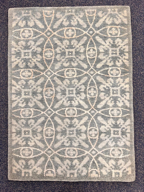 2x3 Hand-Knotted Wool & Silk Rug, Luxury Light Blue Circle Pattern Accent Mat, Grayish Blue Modern Small Rug for bedside, doormat