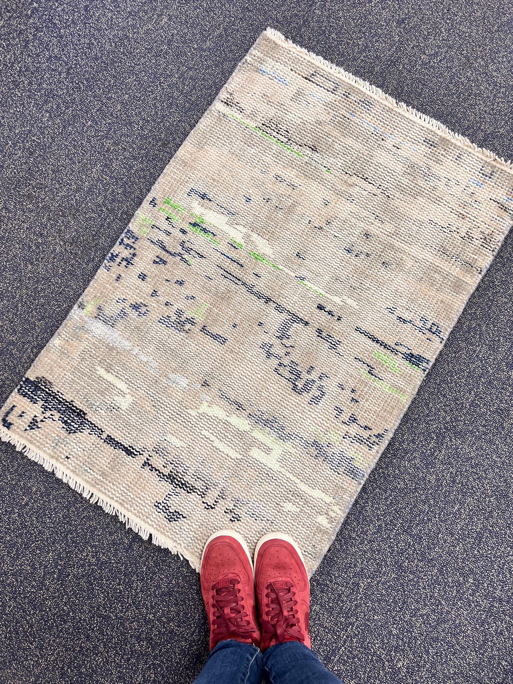 2x3 Hand-Knotted Low Pile Rug | Abstract Splatter Distressed Wool Doormat | Modern Gray Blue Lime Accent Area Rug | Oushak Style