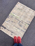 2x3 Hand-Knotted Low Pile Rug | Abstract Splatter Distressed Wool Doormat | Modern Gray Blue Lime Accent Area Rug | Oushak Style