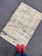 2x3 Hand-Knotted Low Pile Rug | Abstract Splatter Distressed Wool Doormat | Modern Gray Blue Lime Accent Area Rug | Oushak Style