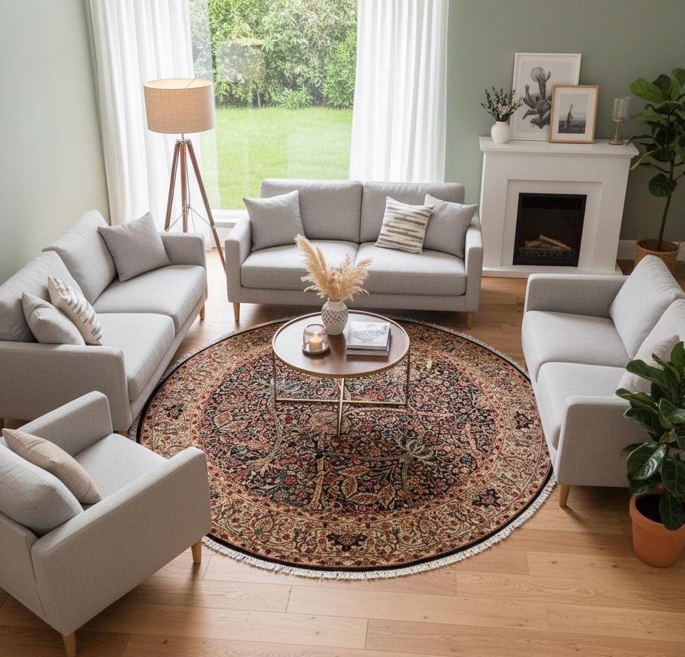 Beautiful William Morris Art and craft Black beige Handmade 6 foot round,rectangle area Rug, 6X9, 8X10 for living room, bedroom, dining room