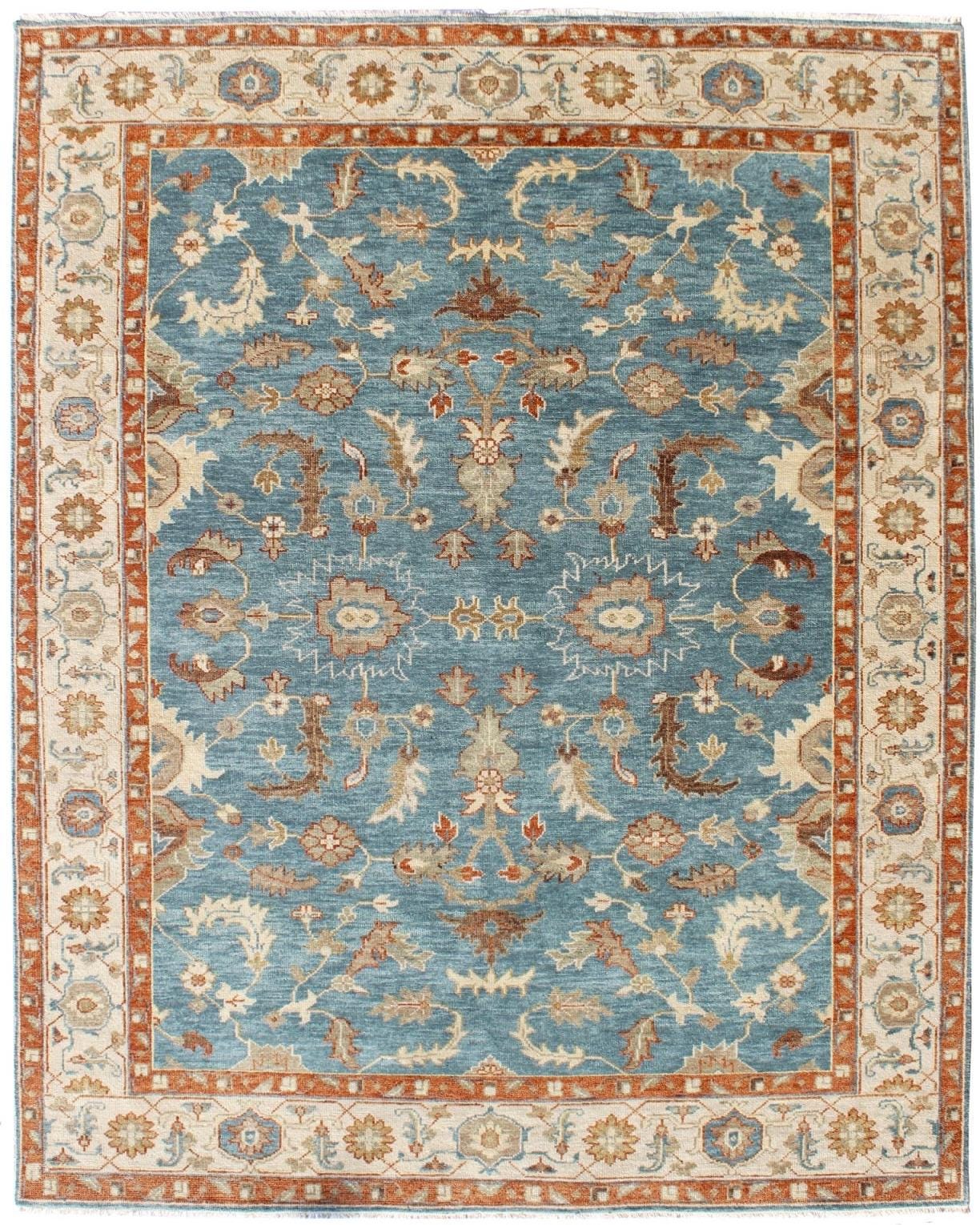 8x10 Hand-Knotted Wool Oushak Rug | Serapi-Inspired Blue & Ivory