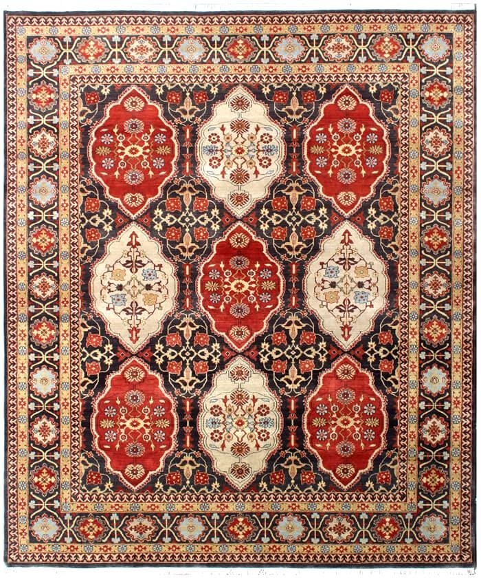 8x10 Hand-Knotted Wool Area Rug, Traditional Deep Red & Navy Blue Carpet