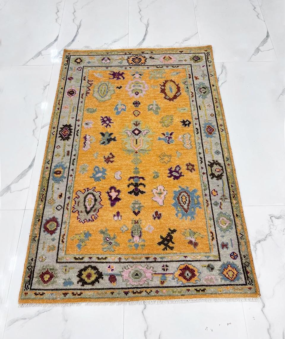 Gold & Amber Handmade Oushak Rug -Transitional Turkish Design