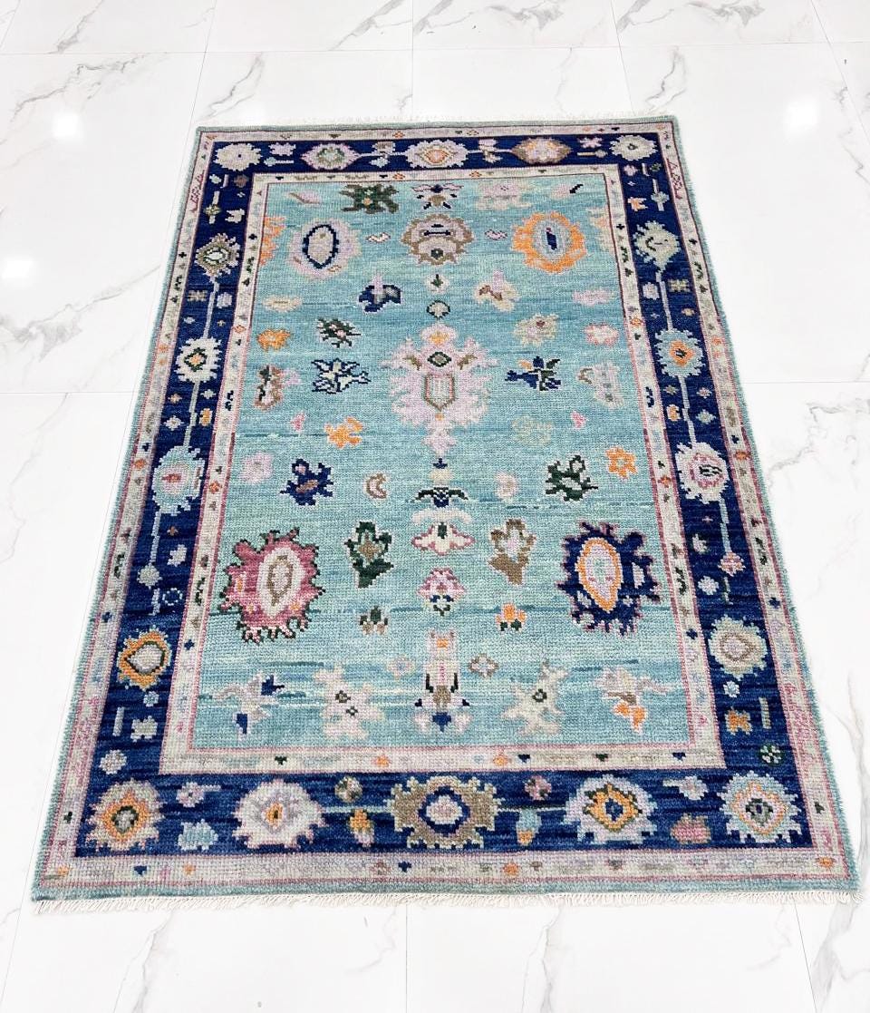 Hand Knotted Turquoise & Navy Blue Oushak Wool Rug