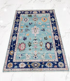 Hand Knotted Turquoise & Navy Blue Oushak Wool Rug